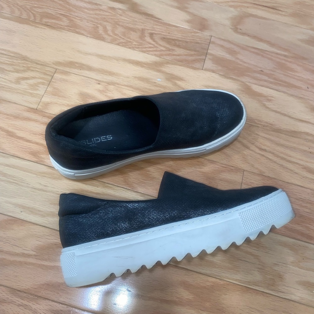 J Slides black metallic shimmery platforms